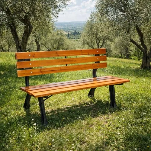 Stabile und massive Parkbank aus Holz und Gusseisen - Gartenbank für Außenbereiche, bietet Platz für bis zu 3 Personen und vereint Robustheit mit einem eleganten Design.