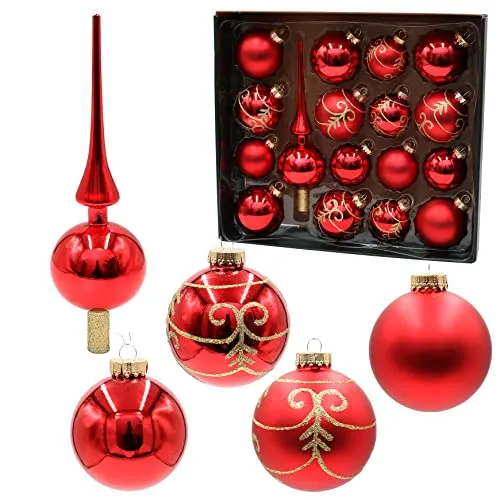 Dekohelden24 Lauschaer Christbaumschmuck-16er Set Kugeln inkl. Baumspitze - Exklusive Weihnachtsbaumkugeln aus Lauscha, handdekoriert in sattem Rot und glänzend, inkl. 1 Baumspitze. Limitierte Auflage mit Aufbewahrungsbox für langlebige Freude.