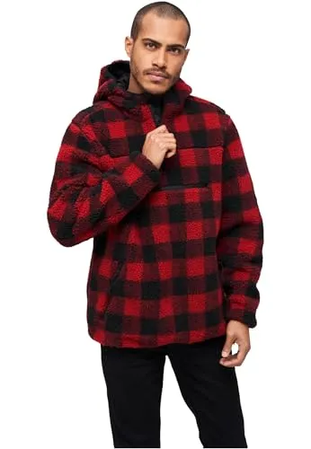 Brandit Teddyfleece Worker Pullover XL - Rot/Schwarz - Funktionsjacke aus hochflorigem Teddy-Fleece mit atmungsaktivem Innenfutter, ideal für kalte Tage. Mit geräumiger Kapuze und zahlreichen Taschen für optimalen Komfort.