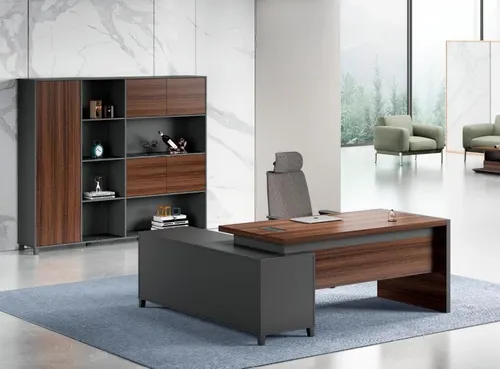Schwarz-Brauner Eckschreibtisch für modernes Arbeitszimmer - Eleganter Bürotisch in Holzoptik, ideal für Ihr Büro. Mit großzügigen Maßen von 160 x 160 cm bietet er viel Platz für kreative Arbeiten und sorgt für eine stilvolle Atmosphäre.