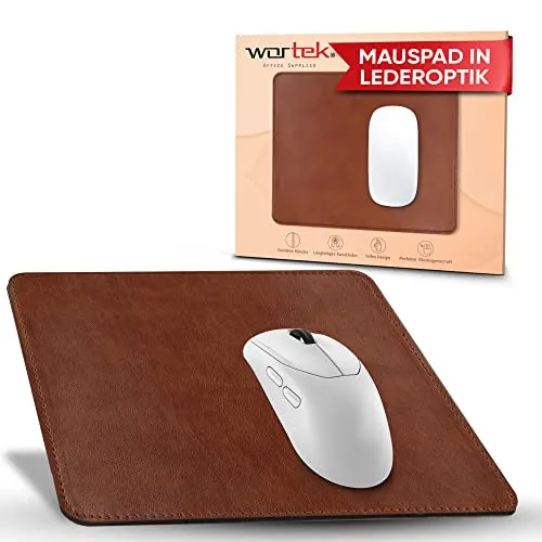 wortek Mauspad klein - Elegante Lederoptik - Office Mauspad Lederdesign - langlebiges Kunstleder - 24x20cm - vernähte Kanten - rutschfeste Gummiunterseite - Mousepad Gaming – Braun