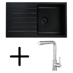 Caressi CAQPP770R10BK-EB Spüle, Einbau mit Küchenarmatur CABL003CHU. Schwarz.