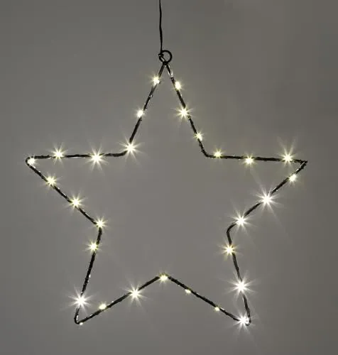 LED Leuchtstern zum Hängen - 30 cm schwarze Metall-Stern Silhouette mit Timer - Stimmungsvolle 30 cm große Stern Silhouette aus schwarzem Metall, warmweiß beleuchtet mit Timer-Funktion für 6 Stunden an/18 Stunden aus, ideal für Innenräume.