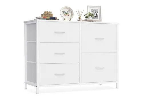 SONGMICS Kommode mit 5 Schubladen, Schubladenschrank mit Metallgestell, 98,7 x 30 x 74,7 cm, Weiß