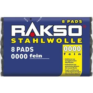 RAKSO Stahlwolle extrafein 0000 - 8 Pads für perfekte Oberflächen - Stahlwolle zum Schleifen: Poliert und reinigt empfindliche Oberflächen wie Holz und Glas. Ideal für Heimwerker, mit hoch elastischen Fasern für kratzfreie Ergebnisse.