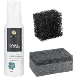Solitaire Schuhreiniger Power Reiniger Set, 3-teilig - Vielseitiger Schuhreiniger für Leder und Textilien, inklusive 125ml Schaum, Duo-Schwamm und Mesh-Schwamm. Ideal gegen Schmutz und Wasserränder, schützt vor Feuchtigkeit und sorgt für frischen Tropic-Duft.