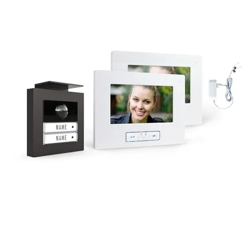 m-e Vistadoor Vistus Video-Türsprechanlage | Aluminium Außenstation für 2-Familienhaus | 2x Innenstation | Türklingel mit Kamera | 4-Draht Freisprechanlage Video Sprechanlage