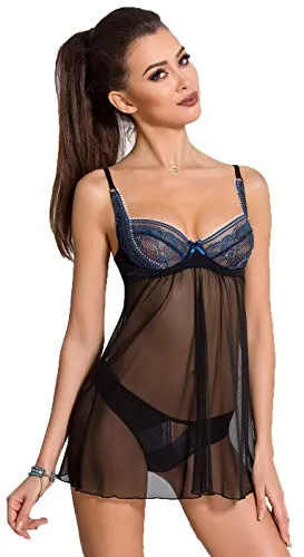 Schwarz blaues Frauen Dessous Chemise Negligee transparent aus Tüll und Spitze mit Bügel Cups und Slip Nacht-Kleid S/M