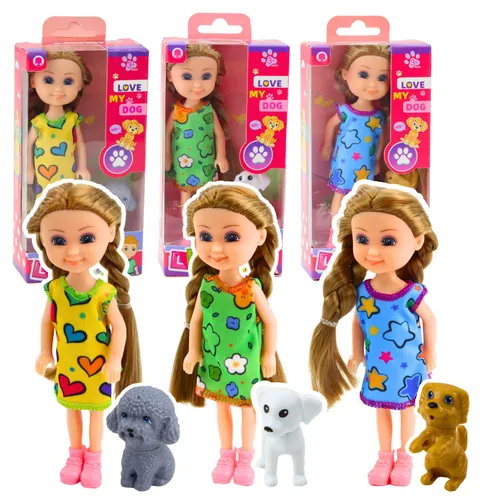Set Minipuppe im Kleid mit Hund 14,5 cm Mix