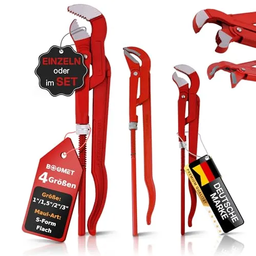 BOOMET Rohrzange 3er Set - S-Maul & Gerade - Praktisches Rohrzangen-Set mit 3 Größen (1 Zoll, 1,5 Zoll, 2 Zoll) für vielseitige Anwendungen. Ergonomisches Design und gezackte Backen sorgen für sicheren Halt und Komfort bei Sanitärarbeiten und Installationen.