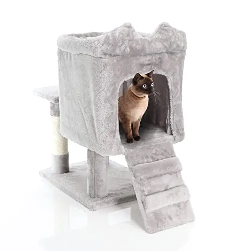Fudajo Kratzbaum Hellgrau 60 cm mit Katzenhaus - Aktivitätskratzbaum mit robusten Sisal-Kratzstämmen und stabiler Konstruktion, ideal für Katzen jeden Alters. Inklusive gemütlichem Katzenhaus und Spielball für stundenlangen Spaß.