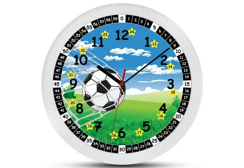 K&L Wall Art Lernuhr Fußball für Kinder - Wanduhr für Kinderzimmer mit sportlichem Fußballmotiv, ideal für das spielerische Erlernen der Uhrzeit. Perfekt für kleine Entdecker, die Pünktlichkeit lernen möchten.