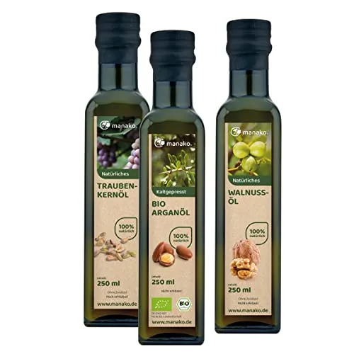 manako Gourmetset: BIO Arganöl geröstet, Traubenkernöl, Walnussöl je 250 ml