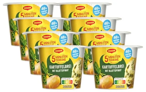 MAGGI 5 Minuten Terrine Kartoffelbrei mit Blattspinat, leckeres Fertiggericht mit Spinat, Instant Kartoffel-Püree, Kartoffel-Snack. 8er Pack (8 x 47 g)