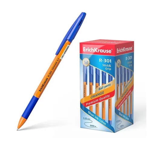Erich Krause Kugelschreiber, Kugelschreiber R-301 Orange 0,35mm mit Gummigriff 50er Pack Blau