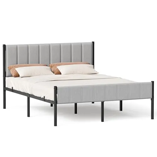 VASAGLE Doppelbettgestell, Bettgestell, 160 x 200 cm, mit gepolstertem Kopfteil, Bettrahmen, Stahl-Latten, trägt bis zu 500 kg, einfache Montage, Taubengrau RMB975G01