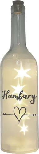 LED-Flasche mit Motiv, Hamburg Herz, grau, 29cm, Flaschen-Licht Lampe mit Text Spruch Stadt