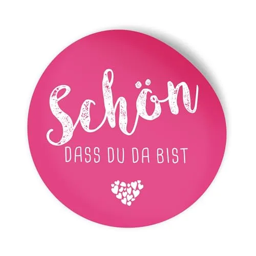 itenga 24x Sticker Schön dass du da bist Aufkleber rund 4cm selbstklebend - Sticker ideal für Gastgeschenk (pink)