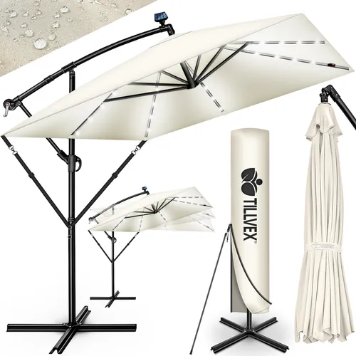 tillvex® Alu Sonnenschirm Rechteckig Ø 330 cm mit LED Solar Beige + Abdeckung mit Kurbel | Ampelschirm mit Ständer & Windschutz | Gartenschirm UV-Schutz, wasserdicht, 360° drehbar | Kurbelschirm Marktschirm