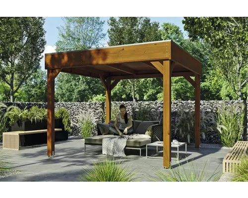 Pavillon SKAN HOLZ Toulouse 302 x 302 cm - Pavillon aus hochwertigem Holz in edlem Nußbaum, ideal für Gartenpartys und entspannte Stunden im Freien, Maße: 302 x 302 cm.