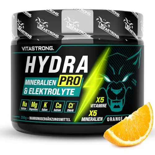 Vitastrong Hydra Pro Orange 250g mit 5 Mineralstoffen und 5 Vitaminen | Mit Rhodiola Rosea, Vitamin C, Magnesium Malat, B12, Calcium, Kalium und Elektrolyten für Training und Hydration