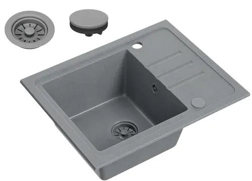 VBChome Spülbecken Granit Grau 55 x 44 cm Einzelbecken Einbauspüle Gesprenkelt Reversibel Granitspüle Grau Siphon Waschbecken