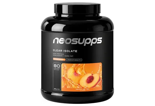 Neosupps Clear Whey Isolat Protein Pulver 2000g - Erfrischender Peach Ice Tea Geschmack - Genieße den erfrischenden Geschmack ohne Zucker und Fett! Jede Portion bietet dir 21g hochwertiges Protein bei nur 95 kcal. Ideal für deinen täglichen Flüssigkeitsbedarf und in 80 Portionen erhältlich.