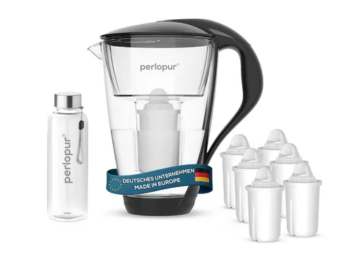 PerloPur Wasserfilter Glas schwarz mit 6 Universal Kartuschen