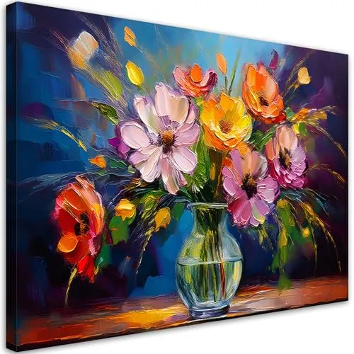 Feeby Leinwand Bilder - Bild Wohnzimmer - Bunt Blumenstrauß in einer Vase - 60x40 cm 1tlg - Deko Schlafzimmer Groß - Dekoration Canvas - Gemälde - Modern Wandbilder - Kunstdruck
