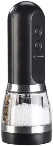 Rosenstein & Söhne Pfeffermühle elektrisch: 2in1-Akku-Salz- & Pfeffermühle mit zwei getrennten Kammern, schwarz (Dual-Salz, Multifunktionelle Gewürzmühle, Schleifer)