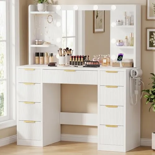 JUMMICO Moderner Schminktisch Frisiertisch mit Beleuchtung & Steckdose, Großer Spiegel, 9 Schubladen, Vanity Desk mit Haartrocknerhalterung, Make-up Tisch für Schlafzimmer, Weiß