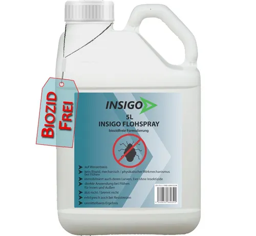 Biozidfreies Flohmittel für Hund 5 Liter – Effektive Flohabwehr von INSIGO - Floh-, Läuse- & Zeckensprays für Hunde – Biozidfreies Spray mit sofortiger Wirkung gegen Flöhe und andere Insekten, sicher für Textilien und Möbel, ideal für den Einsatz im ganzen Haus.
