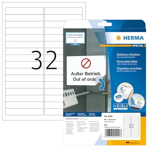 HERMA 4209 Universal Etiketten ablösbar, 800 Blatt, 96 x 16,9 mm, 32 pro A4 Bogen, 25600 Stück, selbstklebend, bedruckbar, matt, blanko Papier Klebeetiketten Aufkleber, weiß