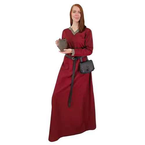 Vehi Mercatus Mittelalter Kleid Langarm, mit Borte Sigyn Baumwolle- Blau, Rot, Gr??n, Schwarz oder Braun- Mittelalter, LARP, Reenactment (DE/NL/SE/PL, Alphanumerisch, S, Regular, Regular, Rot)