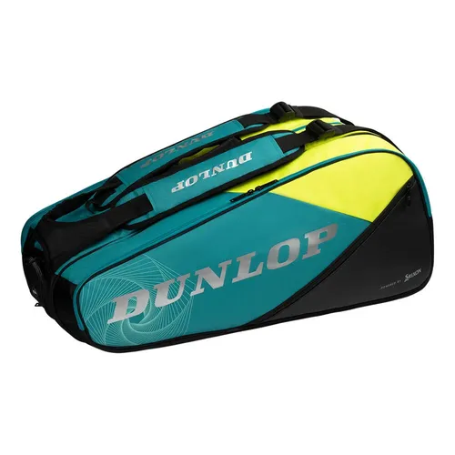Dunlop D Tac Sx-Performance 12Rkt Schlägertasche - Tennissaiten, robuste und stilvolle Schlägertasche in Schwarz mit Teal/Black/Yellow Akzenten, ideal für Spieler, die ihre Ausrüstung sicher transportieren möchten.