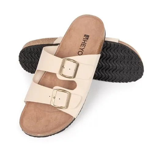 HEYO Pantoletten Herren Damen Sandalen Bequeme Hausschuhe Unisex Kork Badelatschen mit verstellbaren Riemen (Beige, EU Schuhgrößensystem, Erwachsene, Numerisch, M, 37)