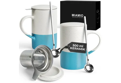 MiaMio Tasse Teetassen Set (2 x 500 ml) mit Siebeinsatz und Deckel - Tassen-Set in Blau, perfekt für Teeliebhaber mit praktischem Siebeinsatz und Deckel für aromatischen Genuss.