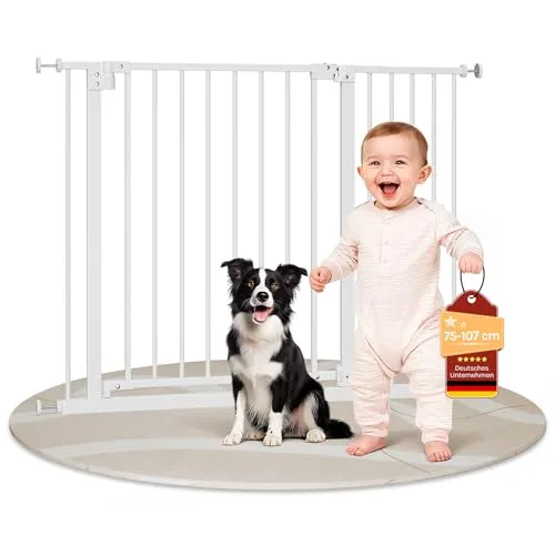 WOLTU Baby Türgitter Treppenschutzgitter, Türschutzgitter, Absperrgitter, 75-107 cm, mit/ohne Bohren, Auto-Close, 90° Stop, beidseitig schwenkbar, 2 Riegel, Metall, weiß