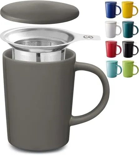 Cosumy Teetasse mit Sieb und Deckel - Keramik Anthrazit - Hält Lange warm - 400ml Groß - Spülmaschinenfest