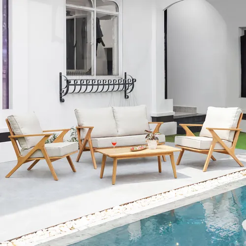 riess-ambiente Loungeset COMFORT LINE natur beige – 4-teiliges Gartenmöbel-Set - Garten-Lounge-Sets, wetterfest und pflegeleicht, ideal für entspannte Stunden auf Balkon oder Terrasse. Inklusive 1 Sofa, 2 Sessel und Tisch aus robustem Akazien-Massivholz.