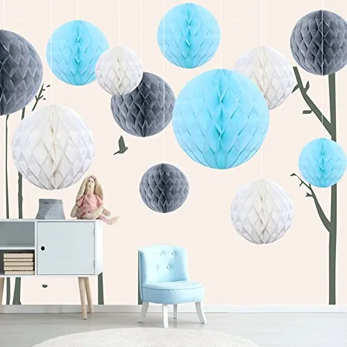 Himeland 12er Mixed Papier Pompom Set, DIY Seidenpapier Wabenbälle, PomPoms Basteln schöne Dekor für Geburtstag Hochzeitsfest Babyshower Feier Party Baby-Duschen