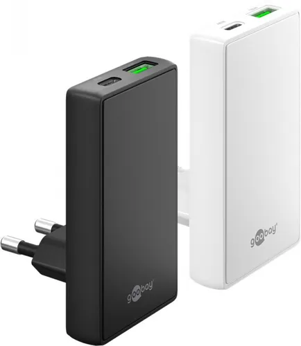 GOOBAY 75720 - USB-Ladegerät 45 W, 90° Flat, USB-C & USB-A - Kompaktes 45 W Ladegerät mit 90°-Design. Ideal für enge Räume und sicheres Laden von Smartphones, Tablets und Laptops. Dual-Port für gleichzeitiges Laden.
