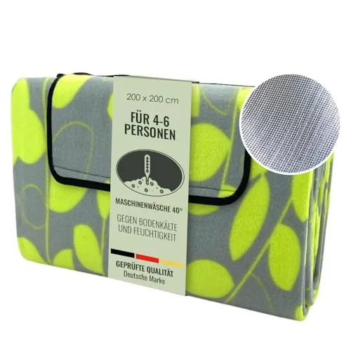 heimtexland XL Picknickdecke wasserdicht Outdoor Strandmatte Isomatte waschbar Campingdecke faltbar mit Tragegriff Festival Zelten Picknick Strand Decke Typ549 Blätter Lemon 200x200 cm