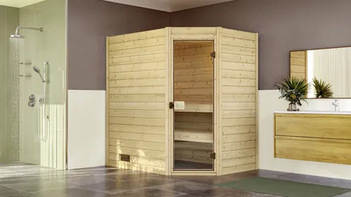Weka Massivholzsauna Valida Eck mit Glastür - Massivholzsauna für optimale Raumausnutzung, gefertigt aus 38 mm starken Blockbohlen aus Fichtenholz. Genießen Sie ein luxuriöses Saunaklima mit eleganter Ganzglastür und flexibler Installation.
