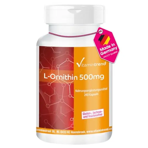 Vitamintrend L-Ornithin 500mg, 240 Kapseln, hochdosiert, Nahrungsergänzungsmittel vegan ohne Magnesiumstearat, in Deutschland hergestellt