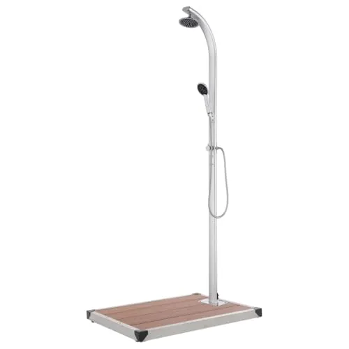 vidaXL Gartendusche 220cm mit Brauner Bodenplatte - Moderne Außendusche aus witterungsbeständigem Aluminium, ideal für Pool und Garten. Mit Kopfdusche, Handbrause und langlebiger WPC-Bodenplatte für jahrelangen Einsatz.