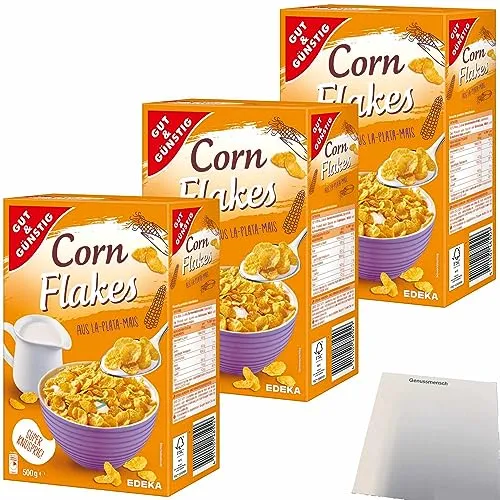 Gut&Günstig Cornflakes super knusprig aus La-Plata- Mais 3er Pack (3x500g Packung) + usy Block