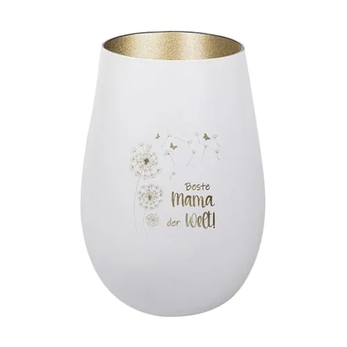 Der-Porzellan-Laden Windlicht mit Gravur Beste Mama der Welt, Weiß Gold, Teelichthalter aus Glas mit Spruch, Tischdeko modern