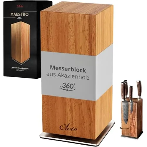 OLEIO Maestro Messerblock magnetisch – 360° drehbar aus Akazienholz - Praktischer Messerblock mit Kugellager für sanfte 360° Drehung. Drei starke Magnetreihen pro Seite bieten sicheren Halt für bis zu 8 Messer. Stabiler Edelstahlboden sorgt für sicheren Stand.