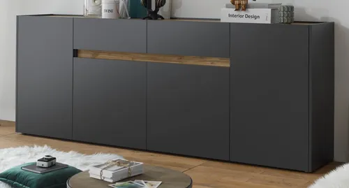Furn.Design Sideboard Center - Modernes 4-türiges Sideboard in Grau mit Wotan Eiche - Sideboards: Viel Stauraum mit 8 Fächern und 2 Schubladen, modernes Design aus FSC-zertifiziertem Holz, ideal für Wohnzimmer oder Esszimmer.